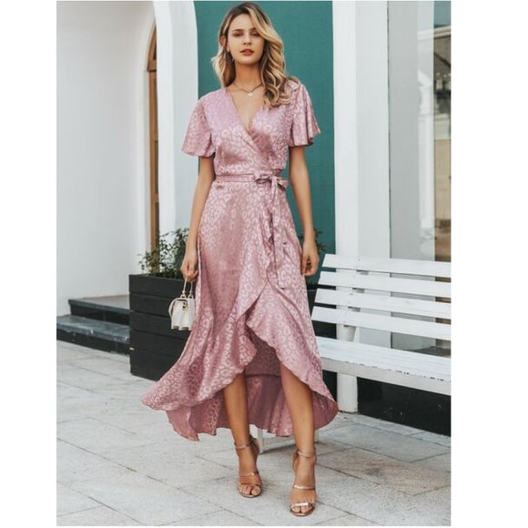 simplee Dresses & Skirts - Simplee Dusty Pink Leopard Asymmetrical Ruffle Hem Wrap Belted Satin Dress Sz L